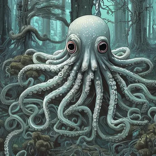 Prompt: Generate an image of an octopus (face details clear, skin details clear), which transforms into a huge tree thousands of years old, deep in the forest, imagine a pattern of decrepit objects that are unclean and unwashed. Octopus as forest spirit, millennium tree, gaelic forest spirit, qirin, god, god, pictorial, detailed, serene.--ar 9:16. rotating rope ::195 big shot ::75 panorama ::23 atmosphere : :22 subtle subtlety of decoration : :80 cinematic ::80 hyper realism ::45 Caustics ::30 blade runner ::5 David Lynch inspiration ::4 Terry Gilliam inspiration : :8 Luis Bunuel Inspiration :: 11 Jean Jeunet Inspiration ::9 crystalcore ::25 high detail ::90 concept art ::1 highly detailed, highly detailed, intricate ::22 elite, ornate, elegant, luxurious, realistic : :75 octane render, weta digital, ray trace, 8k ::50 --stylize 3650 --aspect 9:16 --seed 1969 --version 3 --quality 2,