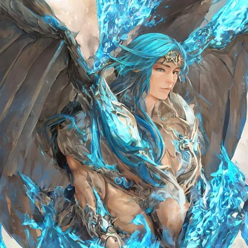 Prompt: Big Blue Dragon wings on an elf man with long Azure hair