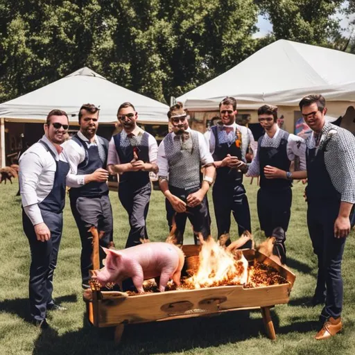 Prompt: Just handsome 
guys dressed in nice clothes hosting a pig roast for charity. 
 
In front of a big pig roasting grill
