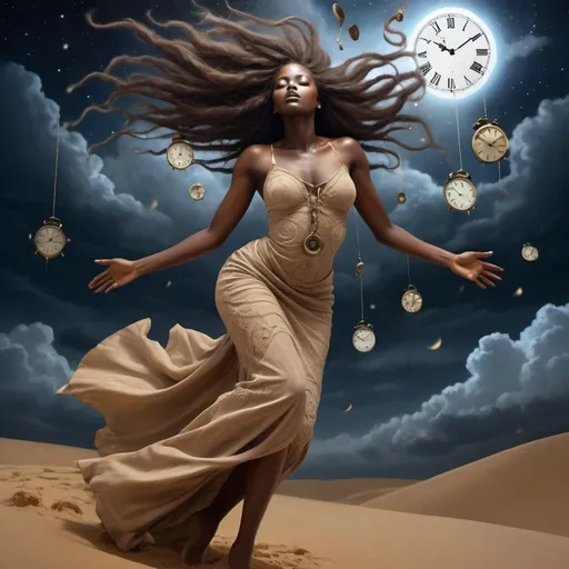 Prompt: Surrealism artwork of a beautiful dark-skinned African woman, falling from the heavens at night, surrounded by clouds, clocks growing out of her long hair, sand blowing around her as she descends, dreamlike quality, surrealism, dark tones, detailed facial features, flowing hair with clocks, sand particles, night sky, heavenly descent, surrealistic, clocks in hair, detailed skin, flowing fabric, ethereal lighting