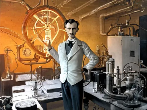 Prompt: Nikola tesla in his laboratory he has plans at the background he is wearing he suit