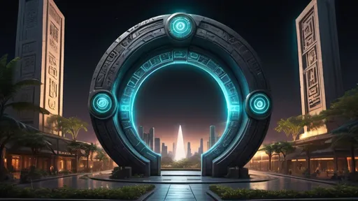 Prompt: magical portal between cities realms worlds kingdoms, circular portal, ring standing on edge, upright ring, freestanding ring, hieroglyphs on ring, complete ring, ancient aztec architecture, gardens, hotels, office buildings, shopping malls, large wide-open city plaza, panoramic view, dark night, futuristic cyberpunk tech-noir setting