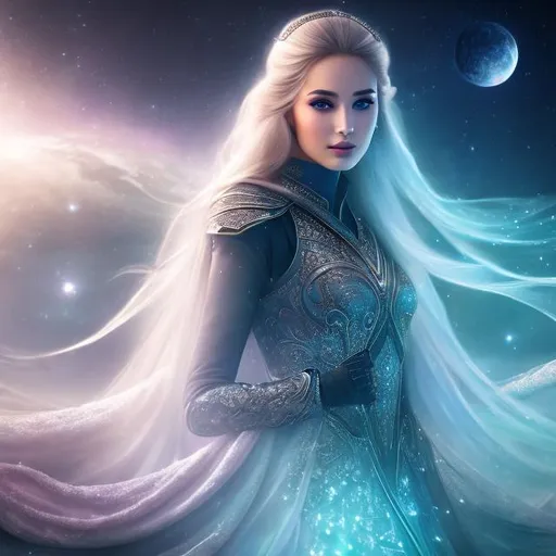 Prompt: create photograph of beautiful winter female princes who is wearing futuristic robes,  night time and beautiful sky  space and planets an nebulae in sky highly detailed, detailed face, extremely detailed environment, extremely detailed background, extremely detailed skin, extremely detailed clothing, natural colors , professionally color graded, photorealism, 8k, realistic, moody lighting, galactic environment, volumetric lighting