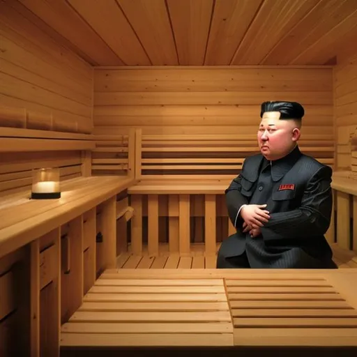 Prompt: Imagine: Kim Yong UN kisses Vladimir Putin sitting in a Finnland Sauna Style: Leonardo da Vinci, Scene: das letzte Abendmahl