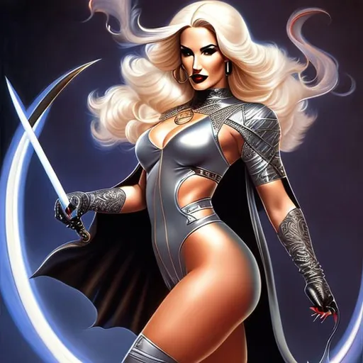 Prompt: Full body DEMI MOORE pinup of attractive vampire woman, tattoo, splash art illustration, blonde hair, silver outfit, BORIS VALLEJO 