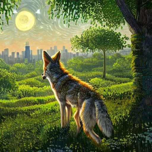 Prompt: highly detailed digital art of a coyote standing around overgrown trees looking into the lush solarpunk city below, sunshine, kimi no na wa, trending on artstation, tranquil hill, Los Angeles, Van Gogh, realistic