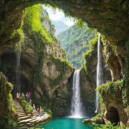 Prompt: Beautiful medieval vertical city, old stone walls with vine climbing, a lot of green flourishing vegetation, rocks and waterfall everywhere, stone paths, stone bridges crossing each other at different levels, crystal clear water, see-through transparent lake rich in colors, lotus floating, a lot of waterfalls, magical clear pound in the center at the bottom, group of women dressed in pink, red and gold playing in the pound under a water fall, view from under, wide angle photography, sun rays, highly detailed, realistic, 4K, 8K