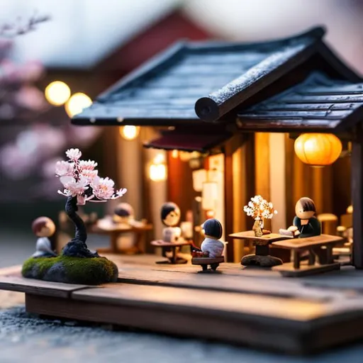 Prompt: tiny wooden outside cafe, tiny cherry blossom bonsai, tiny wooden people drinking, dining, dancing, string lights, dark night



