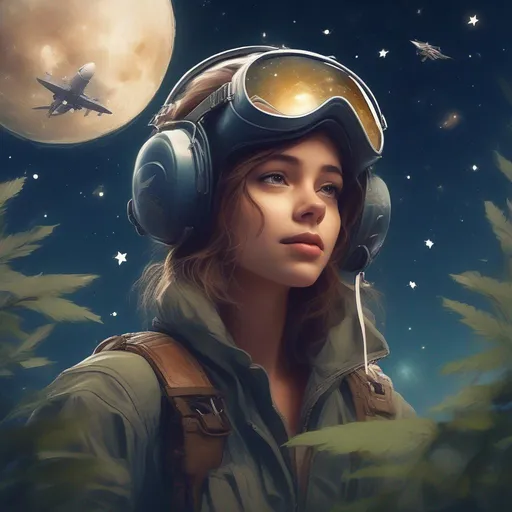 Prompt: aviator girl surrounded by nature in the middle of the ater looking to the water. At the bottom a lot of stars in the sky. Pay attention to details and non deformed face, hands or body. 