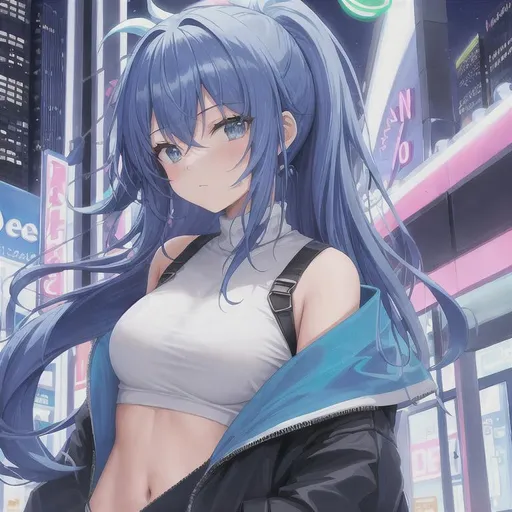 Prompt: 19 year old girl, wearing sweatshirt, cropped at chest line, long blue hair, facing away from camera, neon city environment