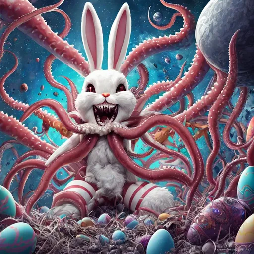 Prompt: pagan large antropomorhic easter bunny sharp teeth tentacles, digital art, space in background, hyper detailed, ultra quality, cinematic, uhd, comic art wallpaper