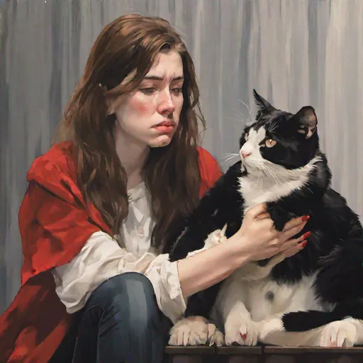 Prompt: a realistic photo of a crying 25 years old woman human with shoulder-length brown hair,  forward with her legs dangling over the edge of the stage which is lit in red and gold, she is staring sadly into her lap while a cat approaches her from her left and the cat touches her arm with his paw. The cat's colors are black and white with cow pattern but it is translucent like a ghost. high resolution. 4k. realistic. 
victorian