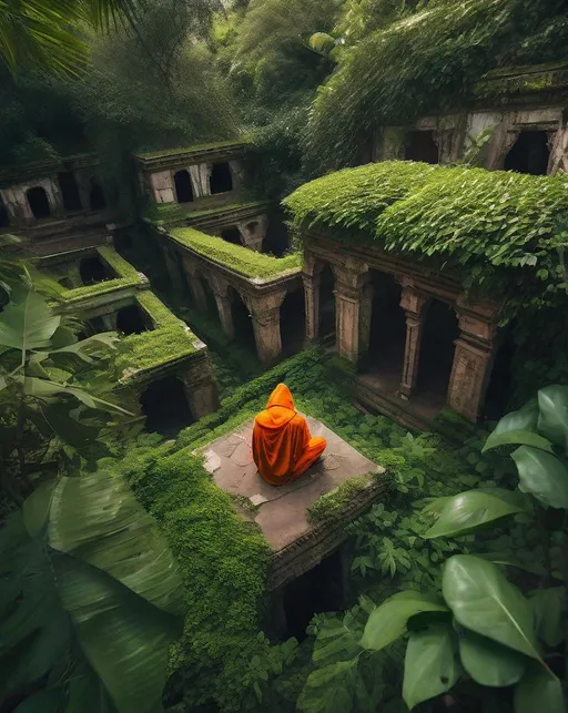 Prompt: A lone orange-robed monk sits cross-legged in a lush jungle in India, surrounded by ancient ruins covered in vines. Shot from above for sense of mystic isolation. Spiritual, ancient, tranquil oasis.