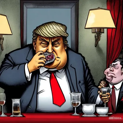 Prompt: Dark, dank and dim, smokey, Obese Trump drinking and dining with his Russian mobster bros in a smoky den, too long red tie, navy blue suit, Prohibition Speak-easy Scene, muted dark colors, Sergio Aragonés MAD Magazine cartoon style 