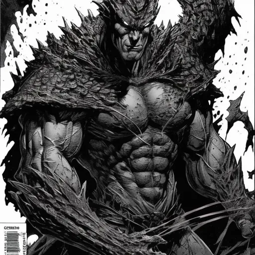 Prompt: Todd McFarlane Superman dragon variant. muscular. dark gritty. Bloody. Hurt. Damaged. Accurate. realistic. evil eyes. Slow exposure. Detailed. Dirty. Dark and gritty. Post-apocalyptic. Shadows. Sinister. Intense. 