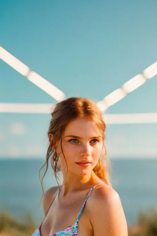Prompt: soft lighting, realistic, RAW photo, beautiful young Ukrainian girl,22 y.o. , outstanding , distant photo, 1:9 pose, !!one hand near neck, one hand near head!!, wearing (transparent) bra, shines through top, detailed eyes , green eyes, redhead,redhair, standing in front of a scenic backdrop, 85mm portrait photography, award winning, photo  in the style of stefan kostic, realistic, sharp focus, 2k high definition, insanely detailed, intricate, elegant, modelshoot style, (extremely detailed CG unity 2k wallpaper), full shot body, photo of the most beautiful artwork in the world, pale skin, medieval era, trending on ArtStation, trending on CGSociety, Intricate, High Detail, Sharp focus, dramatic, photorealistic, (realistic , long shot, studio lighting) , (high detailed skin:1.2), ((highly detailed skin, skin details)), high focus, DSLR, film grain, Fujifilm XT3.   looking healthy, photorealistic, hard rim lighting photography–beta –ar 9:16 –s 5000 –testp –upbeta , (soft lighting, high quality, film grain, Fujifilm XT3,((highly detailed skin, skin details)), high focus looking healthy, realistic photo, fit girl, flover background , eye contact, eyes looking straight ahead outdoors, one head 