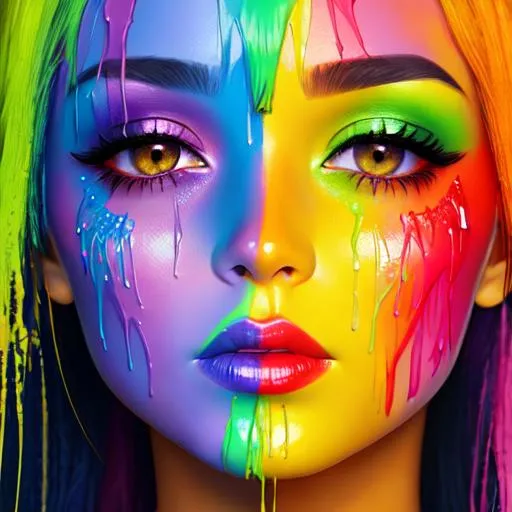 Prompt: female face dripping  paint in rainbow colors, facial closeup