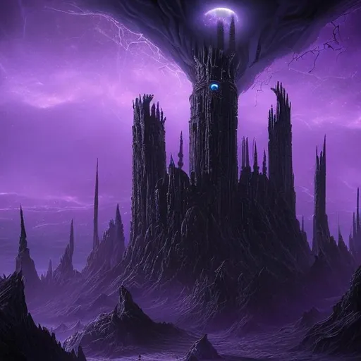 Prompt: An epic and realistic depiction of a massive and very tall black tower standing on a desolate wasteland, with a pillar of purple energy ascending from the tower into a massive black and purple storm emanates from the top of the tower . Massive black stone spires point towards the tower. Many smaller towers surround the main tower. A massive city lies beneath the tower. A purple outlined black moon eclipses the tower. Billions of soldiers stand by the tower