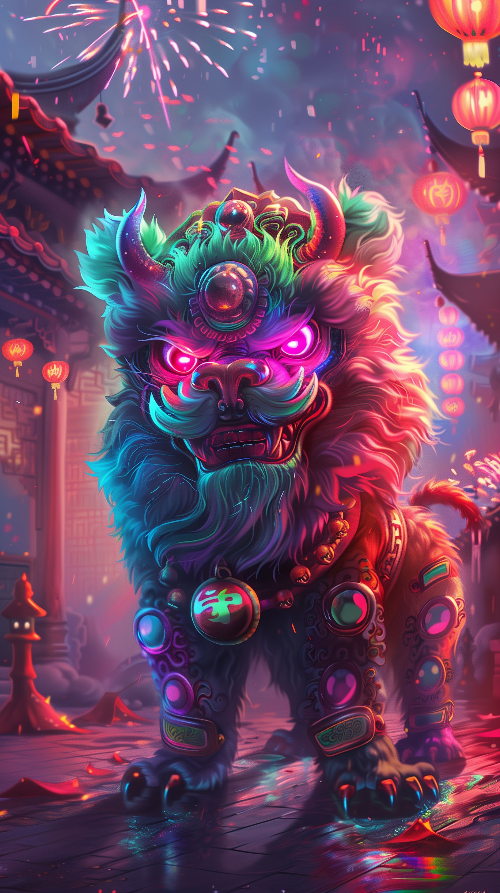 Prompt: realistic chinese lion dog, fluffy fuzzy fur, glowing eyes, rainbow reflective scales and horns, standing watch outside a chinese temple during the fireworks --ar 9:16 --v 6.0 