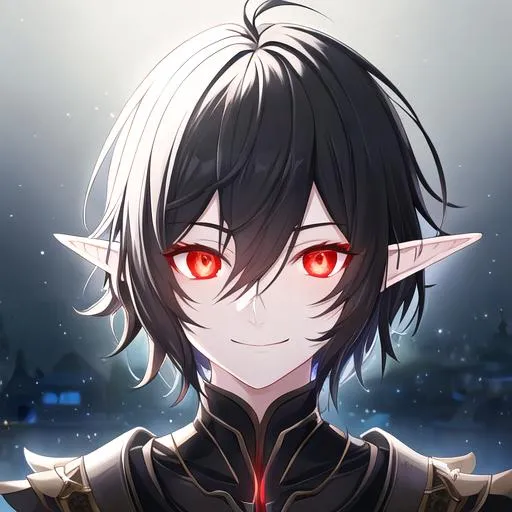 Prompt: Elf, male, adult, calm demeanor, smiling, short_hair, body, hyperrealisitic, black_hair, messy_hair, glowing red eyes, black_aura, 4K, HDR, detailed face, detailed background, night_sky