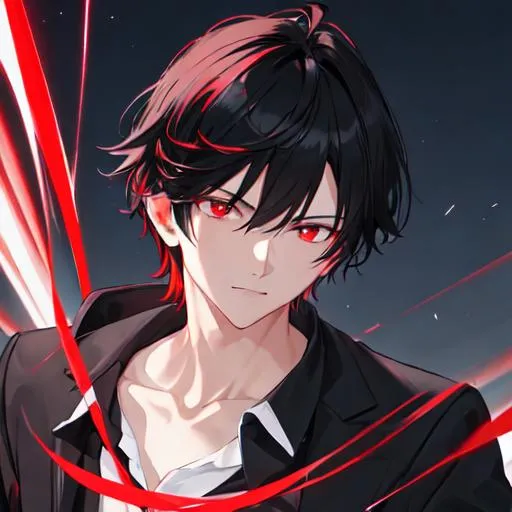 Prompt: Damien (male, short black hair, red eyes) in the park at night, casual outfit, dark out, nighttime, midnight, 8k resolution, awe inspiring, epic, ultra detailed, high resolution