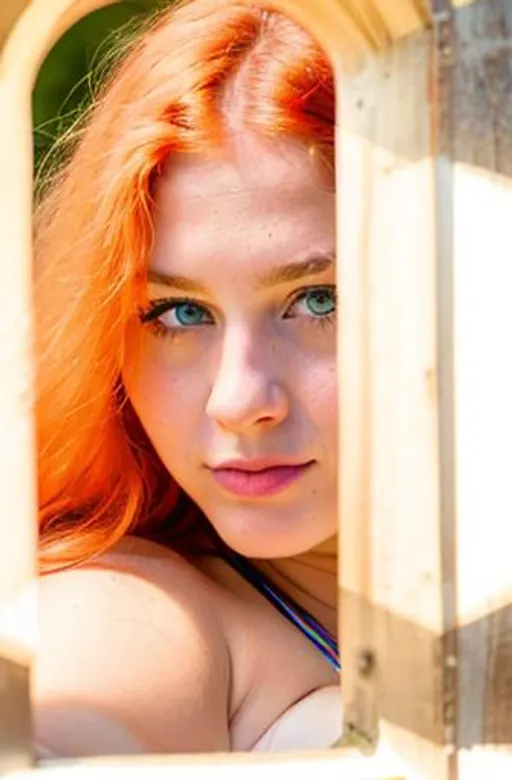 Prompt: RAW photo, girl, 20 years old, 1.60 meter high, 62 kilos, norse, huge busty saggy, curvy, fringed red hair
, bright blue eyes, oval face, pointy chin, vivid colors (high detailed skin:1.2), 8k uhd, dslr, soft lighting, high quality, film grain, Fujifilm XT3