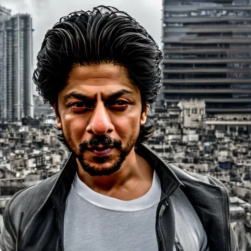 Prompt: Portrait of Shahrukh Khan with blonde hair and with cute face, Metropolitan background, perfect composition, hyperrealistic, super detailed, 8k, high quality, trending art, trending on artstation, sharp focus, studio photo, intricate details, highly detailed