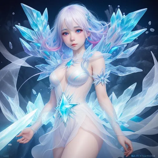 Prompt: ice crystal girl, ice crystal dress, cryomancer, magical ice spirit monster, pale white skin,multicolored hair, symmetrical, soft lighting, by makoto shinkai, stanley artgerm lau, wlop, rossdraws, full body