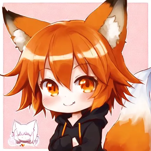 Prompt: 1girl, chibi, fox ears, happy face, fox tail, orange hoodie, 