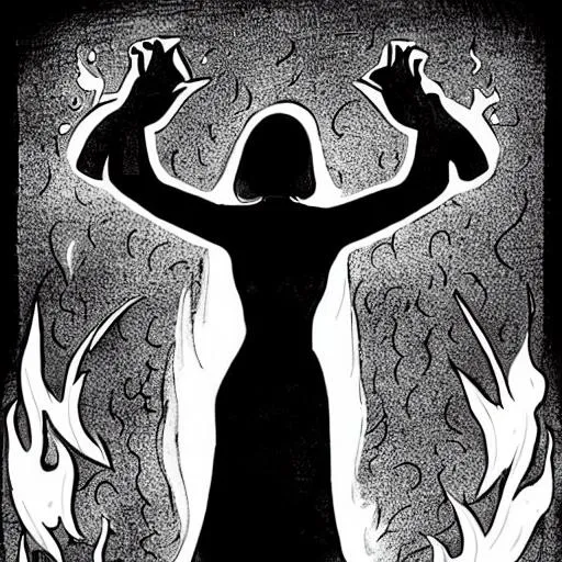 Prompt: Comic art, black and white, phoenix, woman waving her hands, fire in the background, misery 