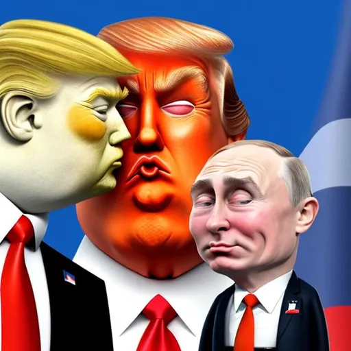 Prompt: Putin kissing "orange-faced Trump" with red tie on the lips with US flag and Russian flag Charles Addams style