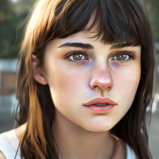 Prompt: A realistic portrait of a European 16 year old girl, with short dark brown hair with bangs, brown eyes, and a mole on her face. She looks serious 