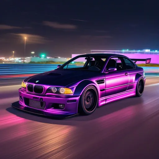 Prompt: 2001 BMW M3 E46 GTR, synthwave, aesthetic cyberpunk, miami, highway, dusk, neon lights, coastal highway, dusk, neon lights, coastal highway, sunset, drift, nurburgring