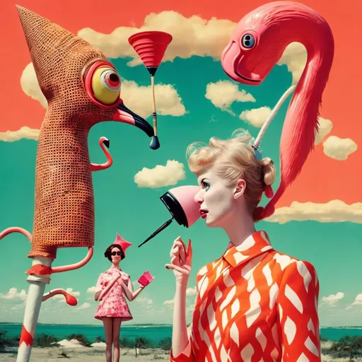 Prompt: Surrealistic portrait of a woman. A Wes Anderson and dr suess mashup. A surreal flamingo, a safety cone and a 1960s telephone