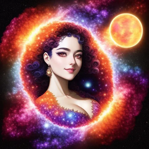 Prompt: A julia clusters mandelbrot newton fractal galaxy with multicolored tones with a bright sun and small planet earth in the background, ethereal (luminous woman), full body, perfect eyelashes, stunning eyes, extraordinary lips, phenomenal nose, marvelous smile, incredible eyebrows, cleavage, highly detailed face, hyper-realistic facial features, cinematic 3d volumetric, fantasy, intricate, highly-detailed, elegant, dramatic lighting, gorgeous face, lifelike, photorealistic face, long curl  julia clusters fractal multicolored beaming hair, long luxurious lace gown, digital painting, artstation, illustration, concept art, smooth, sharp focus, art by Jude Palencar, Luis Royo, John Collier and Albert Aublet and Krenz Cushart and Artem Demura and Alphonse Mucha, highly detailed painting, looking at viewer, portrait, photography, detailed skin, realistic, photo-realistic, 8k, highly detailed, full length frame, High detail