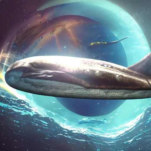 Prompt: a space ship under water with a whale passing by, realistic, uhd, 64k