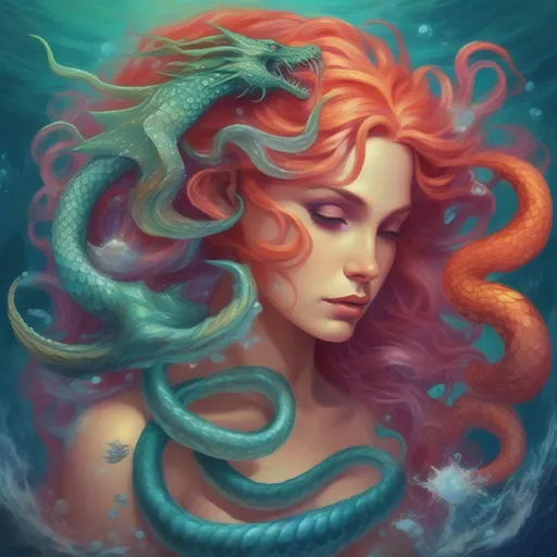 Prompt: A colourful and beautiful Persephone, with precious gem coloured hair and her hair being made out of magic and tentacles, with scales on her skin, with a sea-dragon underwater in a painted style