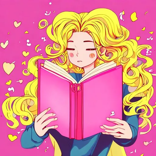 Prompt: anime illustration with a gorgeous girl with hair colors pink and yellow reading a pink book