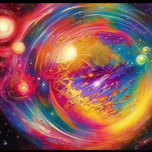 Prompt: (Master piece) a breath taking view of beautiful and gorgeous cosmic goddess creating planet earth while being surrounded by gold,pink and cosmic space dust beautiful multi colourful vibrant colours breath taking view (master piece)