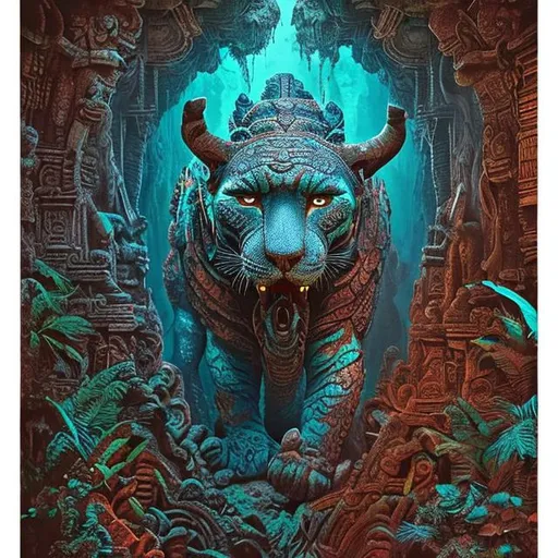 Prompt: mayan jaguar warrior exploring the underworld in las pozas, Yucatan, 1 9 7 0's sci - fi, lofi technology, deep aesthetic colors, 8 k, highly ornate intricate details, extreme detail, cut out collage, 