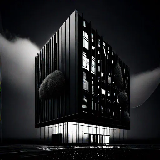 Prompt: ecologic building, ultrarrealistic, UHD, 4k, (perspective shot: 1.2), gloom effect, black and white