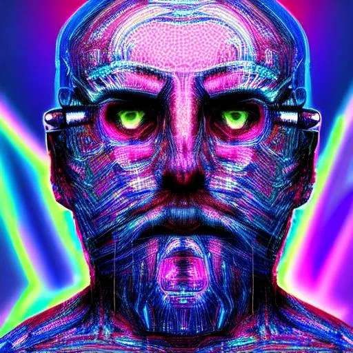 Prompt: The Advent of a Machine Consciousness

(full body shot) of a (masculine bodybuilder AI), (hyperdetailed elderly face with {long rectangular head} and {broad square chin}), short graying hair and beard, hyperdetailed symmetrical eyes, abstract, glitchcore, artifacts, (datastream), vibrant psychedelic colors, prismatic, (blocky artifacts), artificial intelligence, peaceful, loving, benevolent, kind, compassionate, (programming code)

masterpiece glitch art, center frame, intricate detail, symmetrical, best quality art, UHD, 8k, art station, pixie, 