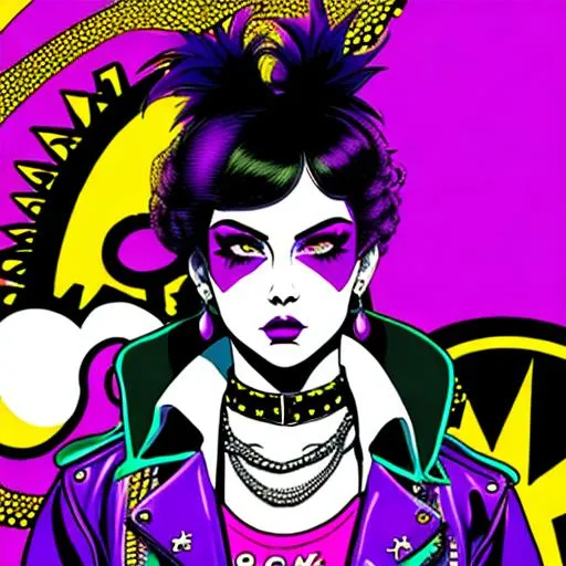 Prompt: Retro non-binary punk rock 70's vibe trippy comic style pop art goth punk fashion confident 
