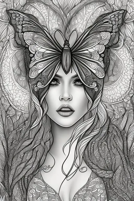 Prompt: coloring page , black and white of detailed beautiftul fantasy girl, with butterflies,  clear facial features, symmetrical   smooth lines, beautfiful , dreamy, details, black and white, simple