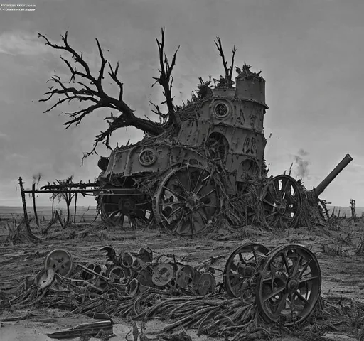 Prompt: A steampunk turret is mounted on top of A battered steampunk war carriage on the battlefields of ww1. barbed wire, trenches, dead soldiers and horses litter the muddy and destroyed terrain. Burned tree stumps smoilder in the background.