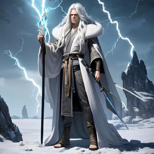 Prompt: full-body oil painting of a wizard summoning lightning, with long white hair, wears hide clothing, sword raised above his head, stands upon a tundra, UHD, hd, 8k, Very detailed, style of Antoni Tudisco, Beeple, Jinhwa Jang, panned out view of character, zoomed out view of whole character's body is visible, character is centered, whole character in view, whole character is seen