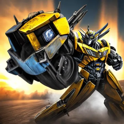 Prompt: transformers bumble bee fighting 