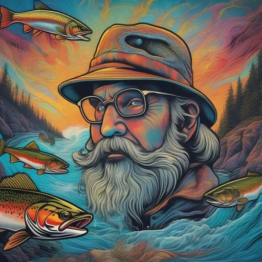 Prompt: acid trip consisting of water, rivers, waterfalls, oceans, waves, and Trout & Salmon happening inside a gorgeous vivid lithograph fly fisherman god head