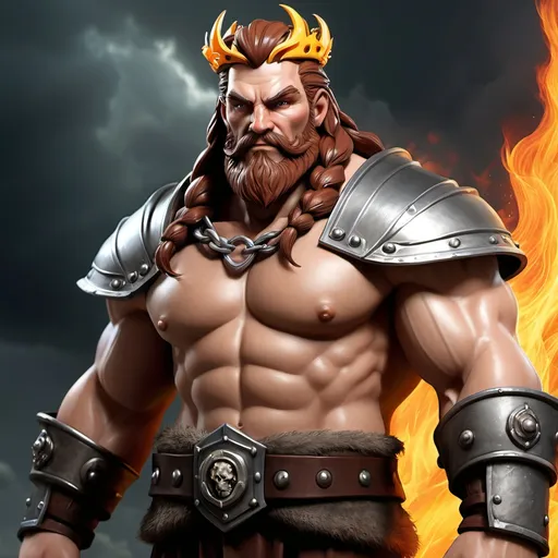 Prompt: High King Thrain Thunderforge

Physical Traits:

Age: Late 50s.

Build: Stocky, barrel-chested, with an imposing and muscular frame.

Facial Features: A long, braided auburn beard and a broad, rugged face.

Eyes: Dark brown, intense and full of fire.

Hair: Auburn, thick, and wild, often kept under a steel crown.

His Dwarven pride runs deep