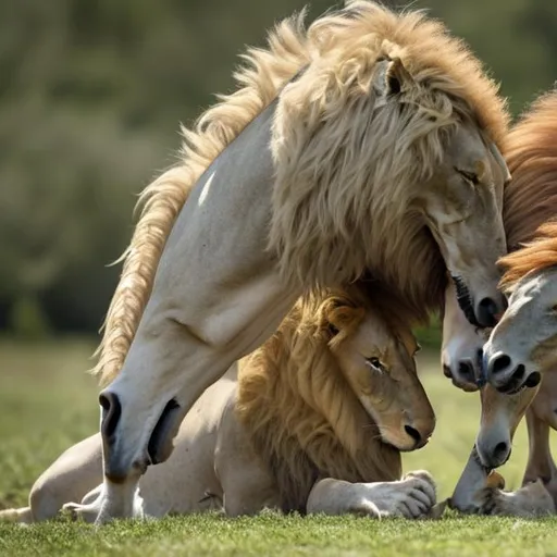 Prompt: Horses eating lions